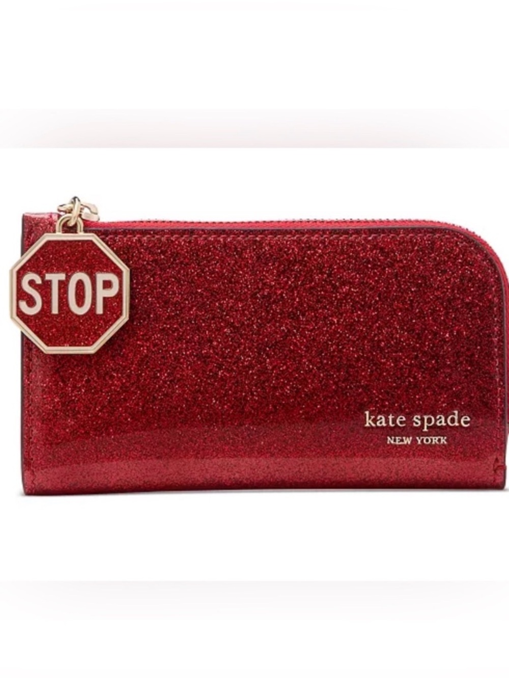 KATE SPADE NEW YORK DETOUR STOP SIGN GLITTER PATENT RED SLIM BIFOLD WALLET NWT